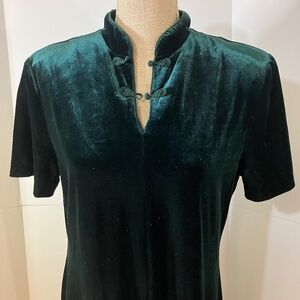 Vintage velvet Deep green mid length dress S 14 oriental Frog button Sag Harbour